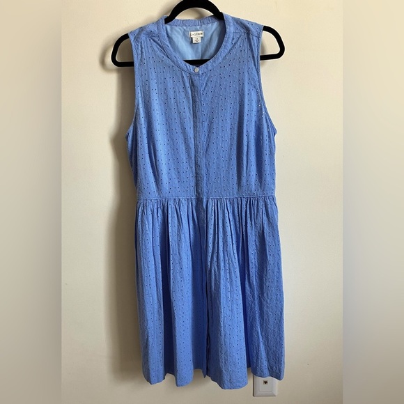 J. Crew Factory Button Up Cotton Eyelet Knee Length Sleeveless Blue Dress Sz 14 - Picture 1 of 16